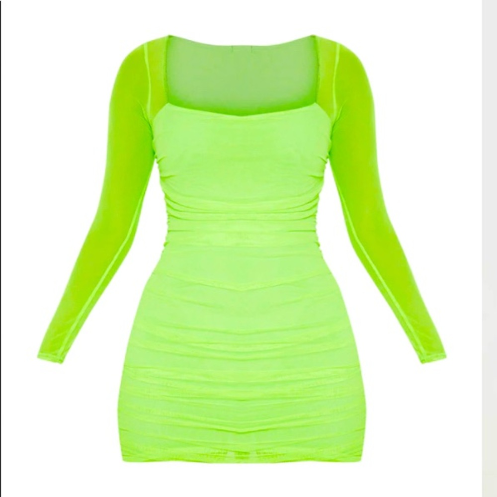 Neon Lime Mesh Square Neck Ruched Bodycon Dress